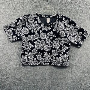 Maeve Anthropologie Womens Knit Crop Top XL Black White Peony Floral Artsy Boxy